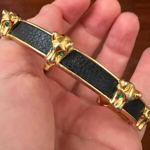 BCBGMaxAzria Vintage Y2K Gold Tone Black Enamel Jaguar Green Eyes Cuff Bracelet